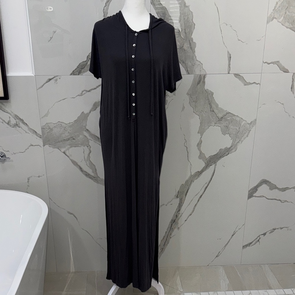 Free People Gray Maxi Button Detail Hoody High Slit